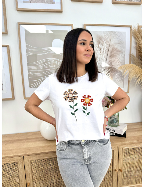CAMISETA MANGA CORTA FLORES LEOPARDO