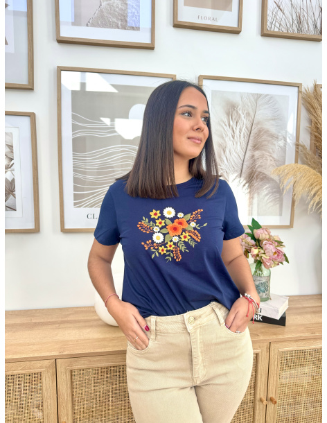 CAMISETA MANGA CORTA FLORES NARANJAS
