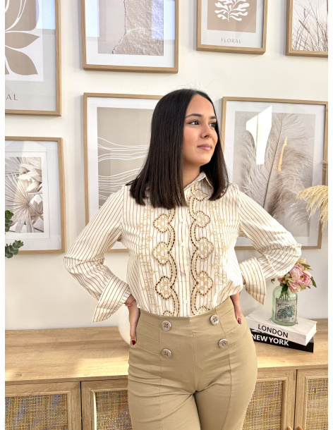 CAMISA RAYAS BEIGE BORDADA