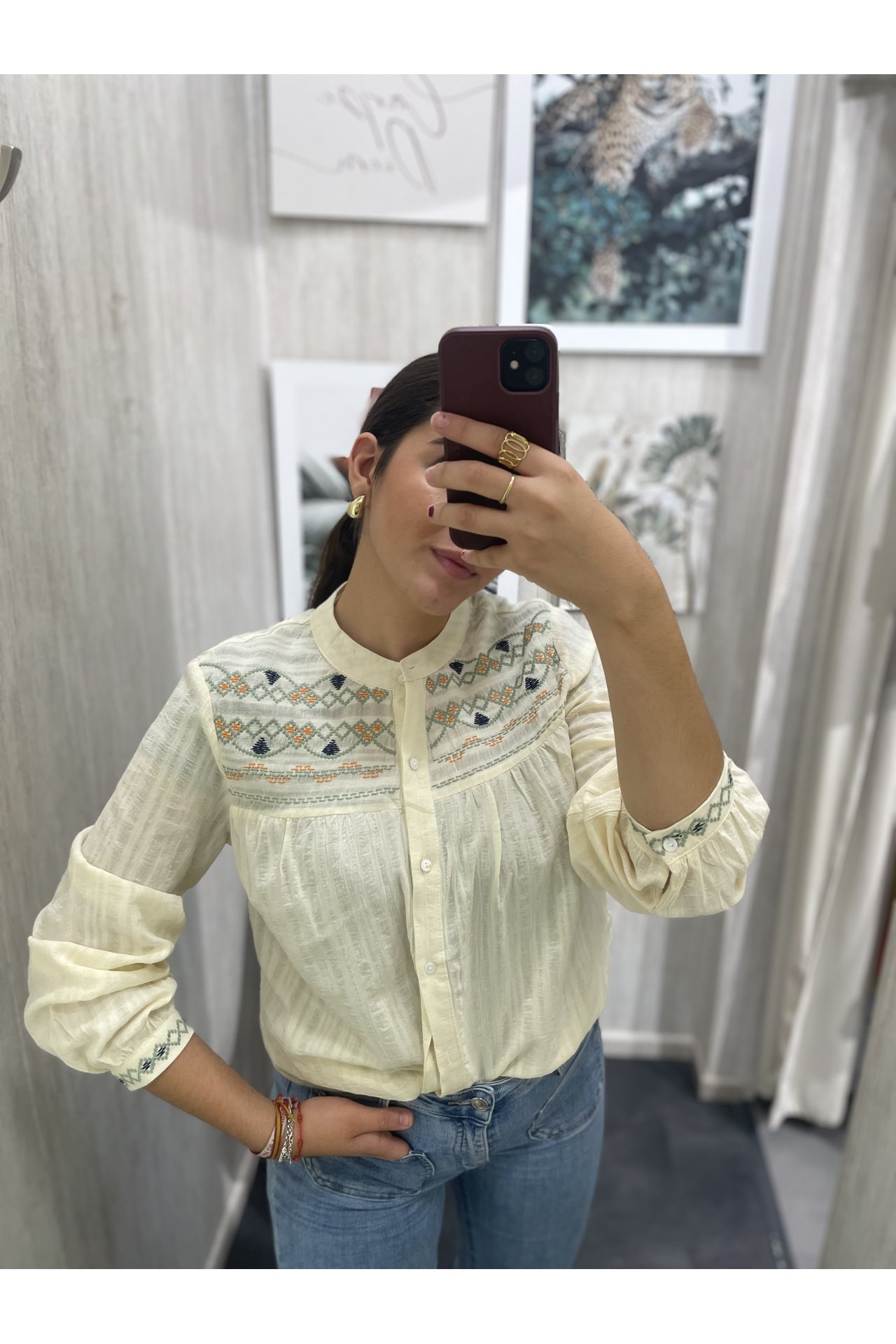 CAMISA LINO BORDADO ROMBO VERDE